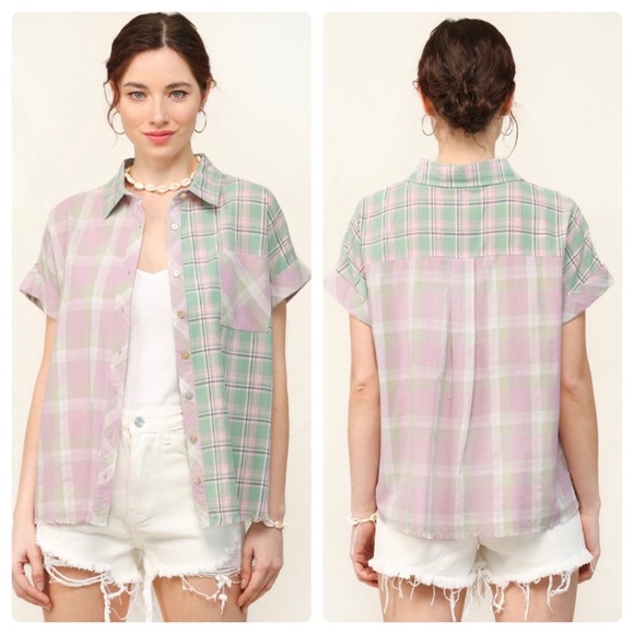 A Girl Thing Tops - $15 start 138 ❤️Plaid Button Down and Fringe Hem Shirt with Front Pocket